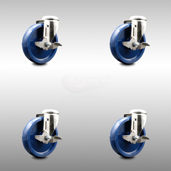 5 Inch 316SS Solid Polyurethane Wheel Swivel Bolt Hole Caster Set with Brake SCC